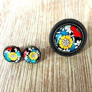 Boho Floral Print Ring and stud earrings set, Unworn, Handmade, NWT